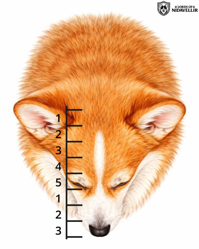 Prawidłowe proporcje głowy Welsh Corgi Pembroke – widok z przodu